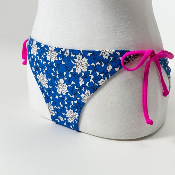 πΊ J.Crew Blue Floral Neon Pink Bikini Swimsuit Size S/M Tie Bottom Retail: $150 - Picture 3 of 16